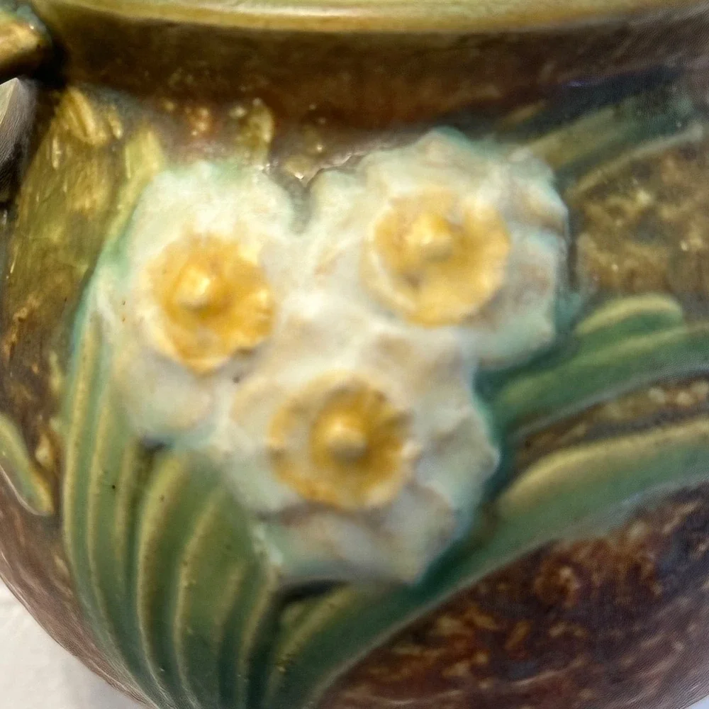 Antique 1930s Roseville Pottery Jonquil Jardiniere Squat Vase Double Handled
